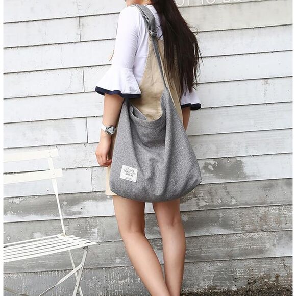 Women's Light Grey Imported Canvas Retro Large Size Shoulder Crossbody Tote Bag - Picture 4 of 4